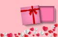 Opened pink gift box with red bow paper heart on pink background, vector
