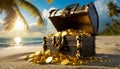 Opened Pirate Treasure Chest Full of Gold Coins - Generative Ai Royalty Free Stock Photo