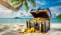 Opened Pirate Treasure Chest Full of Gold Coins - Generative Ai Royalty Free Stock Photo