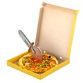 Opened pizza box with pizza and pizza cutter, 3D rendering Royalty Free Stock Photo