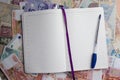 Opened daily planner or diary with a pen lying on banknotes background Royalty Free Stock Photo