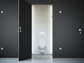 Opened public toilet cubicle with dark door. 3d rendering Royalty Free Stock Photo