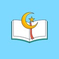 Opened Quran holy book with islamic symbol illustration for muslim education foundation logo template vector design