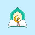 Opened Quran holy book with mosque and islamic symbol illustration for muslim education foundation logo template vector design