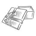 Opened realistic gift box with ribbon and bow in black isolated on white background. Hand drawn vector sketch illustration in Royalty Free Stock Photo