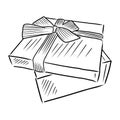 Opened realistic gift box with ribbon and bow in black isolated on white background. Hand drawn vector sketch illustration in Royalty Free Stock Photo