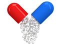Opened red blue pill capsule. 3D Royalty Free Stock Photo