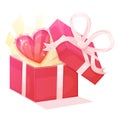 Opened red box with shining heart inside and with white ribbon bow on top. Royalty Free Stock Photo