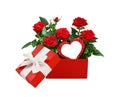 Opened red gift box with bouquet of rose flowers and a glitter heart isolated on white Royalty Free Stock Photo