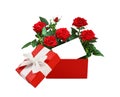 Opened red gift box with bouquet of rose flowers and a whita empty card isolated on white Royalty Free Stock Photo