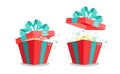 Opened red gift box and flying up lid with bow, magic surprise inside. Isolated gifts on a white background. Holiday and Royalty Free Stock Photo