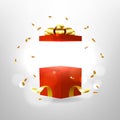 Opened red gift box with red bow and gold ribbon. Surprise box with magic effect. Royalty Free Stock Photo