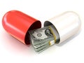 Opened red pill capsule, with dollars stack inside Royalty Free Stock Photo
