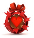 Opened red ribbon gift sphere with red hearth inside Royalty Free Stock Photo