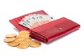 Opened Red Women Purse with 10 Euro Banknotes Inside and Bitcoin Coins - Isolated on White Royalty Free Stock Photo