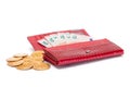 Opened Red Women Purse with 10 Euro Banknotes Inside and Bitcoin Coins - Isolated on White Royalty Free Stock Photo