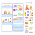 Opened refrigerator with different foods. Isolated images of products. Royalty Free Stock Photo