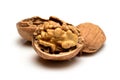 Opened ripe walnut with kernel and shell, close up macro, isolated on a white background. Royalty Free Stock Photo