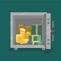 Opened safe with coins and cash in front view. Flat style