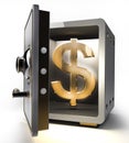 Opened safe with gold dollar symbol 3d