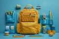 Opened School backpack with stationery on blue Royalty Free Stock Photo