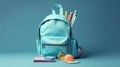 Opened School backpack with stationery on blue background. Generative AI Royalty Free Stock Photo