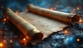 Opened scroll with antique letter lays on dark surface. Magic lights surround paper sheet with script text. Ancient parchment Royalty Free Stock Photo