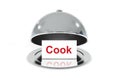 Opened silver cloche with white sign cook