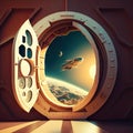 Opened spaceship gateway door, porthole, illuminator and space beyond. Interstellar spacecraft, rocket flying under