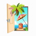 Opened spring door isolated on transparent background. Open entrance with summer landscape outdoor.