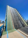 Opened steel drawbridge closeup. Empty road.