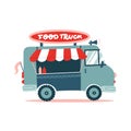 Opened street food truck with Awning, striped tent. Flat vector illustration isolated on white background. Lettering signboard.