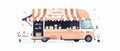 Opened street food truck with awning and striped tent. Isolated modern illustration on white background. Lettering Royalty Free Stock Photo