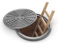 Opened street manhole with wooden ladder inside. 3D Royalty Free Stock Photo