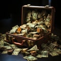 Opened suitcase filled with billions of dollars, hundreds of coins for luxury life needs