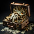 Opened suitcase filled with billions of dollars, hundreds of coins for luxury life needs