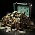 Opened suitcase filled with billions of dollars, hundreds of coins for luxury life needs