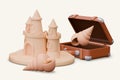 Opened suitcase with seashell, sandcastle in 3D style. Vector color concept Royalty Free Stock Photo