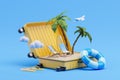 Opened suitcase with summer chairs, surfboards and palms, vacation and holiday