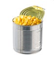 Opened tin can of corn kernels isolated on a white background Royalty Free Stock Photo