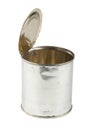 Opened tin can on white background Royalty Free Stock Photo