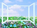 Opened transparent window with meadow view