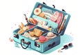 Opened travel suitcase full of things for summer vacation. Vector illustration isolated on white background Royalty Free Stock Photo