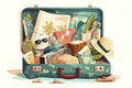 Opened travel suitcase full of things for summer vacation. Vector illustration isolated on white background Royalty Free Stock Photo