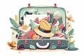 Opened travel suitcase full of things for summer vacation. Vector illustration isolated on white background