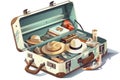 Opened travel suitcase full of things for summer vacation. Vector illustration isolated on white background Royalty Free Stock Photo