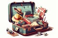 Opened travel suitcase full of things for summer vacation. Vector illustration isolated on white background Royalty Free Stock Photo