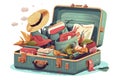 Opened travel suitcase full of things for summer vacation. Vector illustration isolated on white background Royalty Free Stock Photo