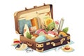 Opened travel suitcase full of things for summer vacation. Vector illustration isolated on white background Royalty Free Stock Photo
