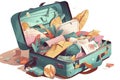 Opened travel suitcase full of things for summer vacation. Vector illustration isolated on white background Royalty Free Stock Photo